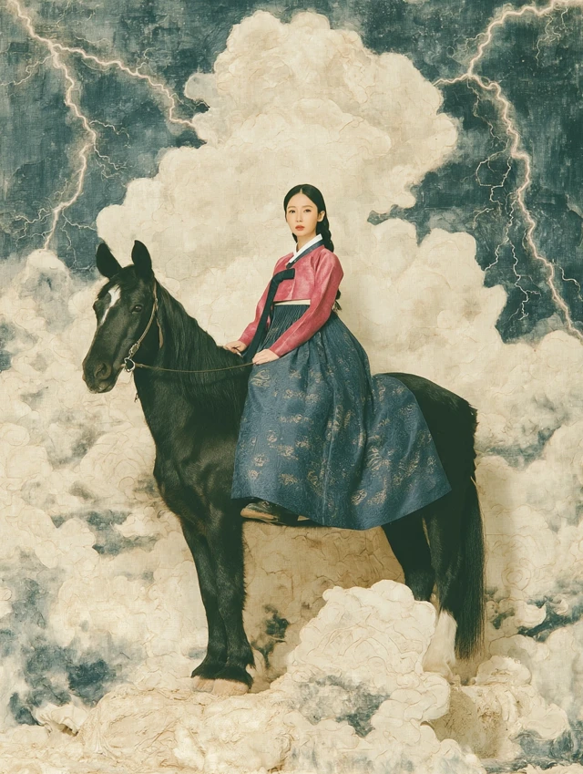 Korean Woman on Horse in Hanbok Stormy Sky