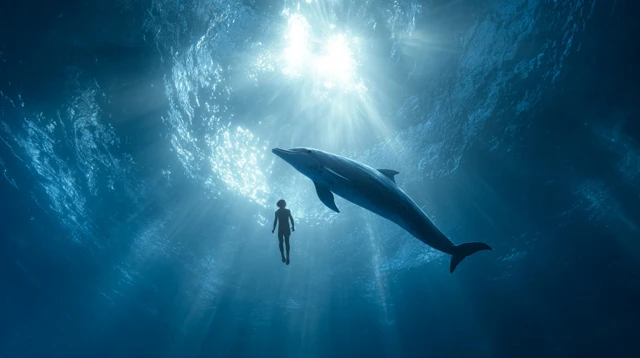 Underwater Scene Man and Dolphin Tranquil Dreamlike Anime