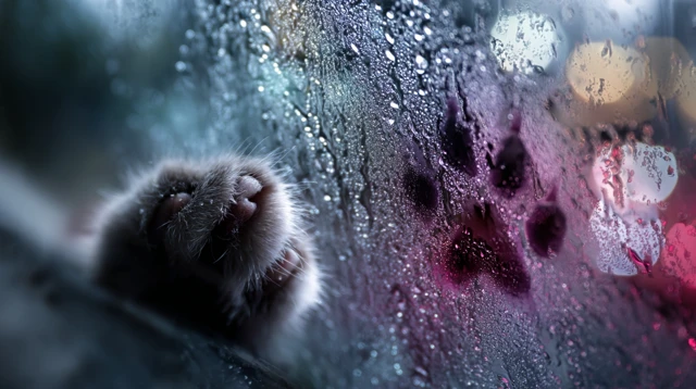 Cat Watching Rain - City Lights and Paw Prints