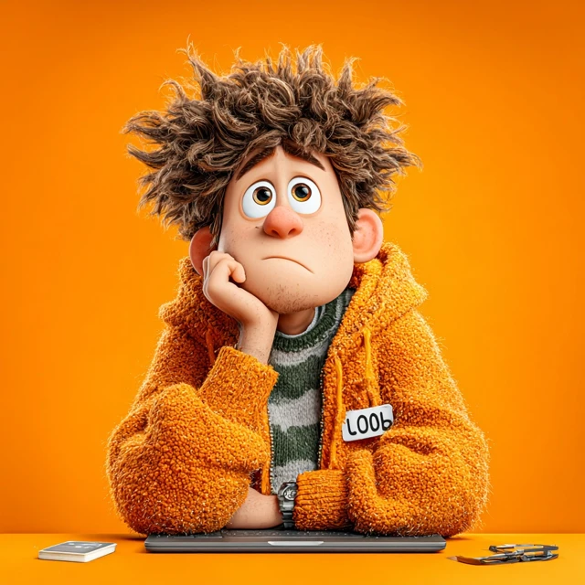 Bored Character with Computer in 3D Style