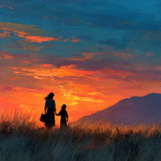 Mother and Child Sunset Illustration Disney Style