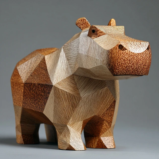 Wooden Geometric Hippopotamus Sculpture
