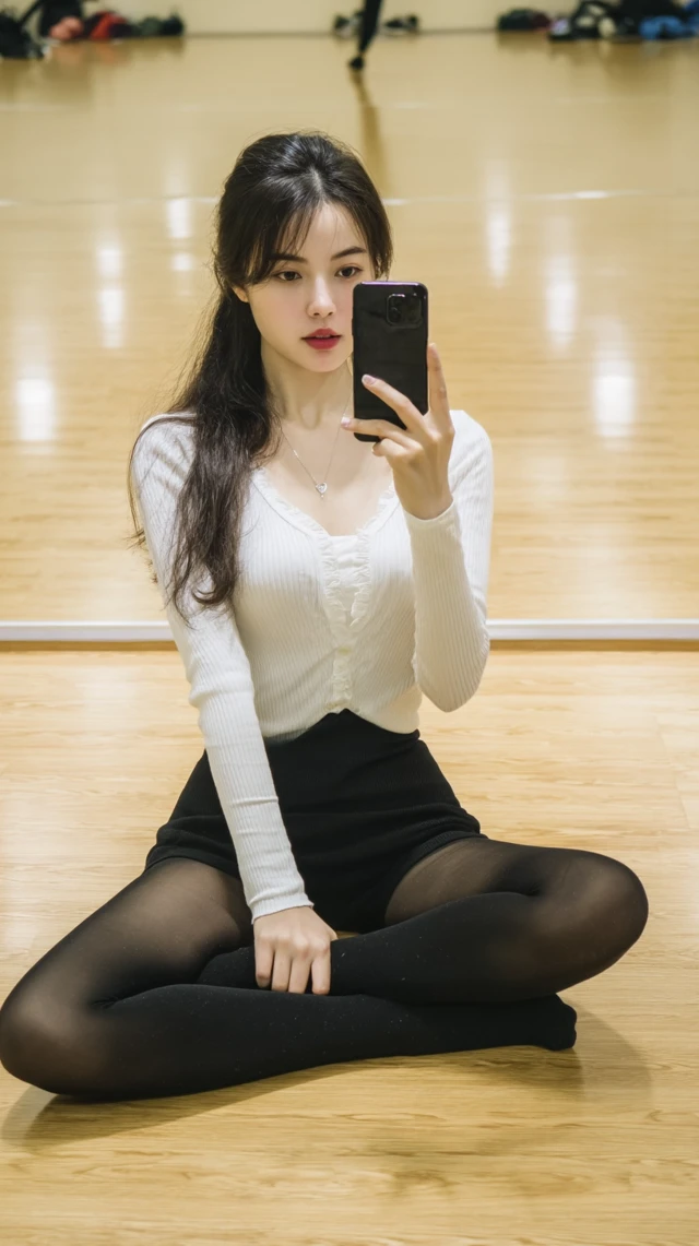 Beautiful Chinese Woman in Black Stockings Taking a Selfie