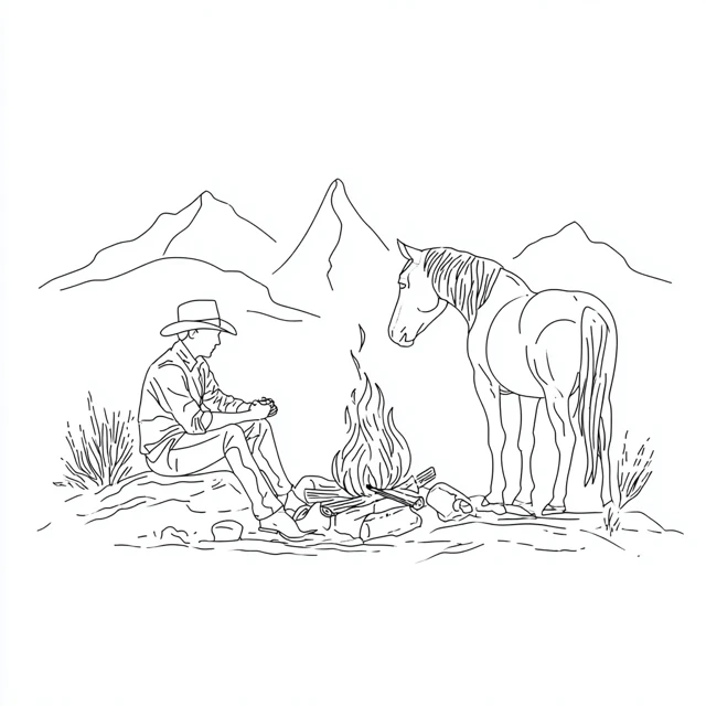 Cowboy and Horse Campfire Illustration