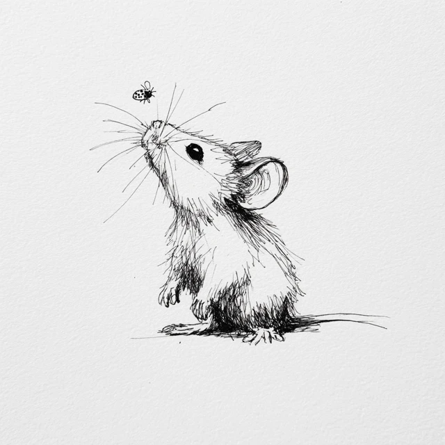Mouse and Ladybug Minimalist Ink Sketch