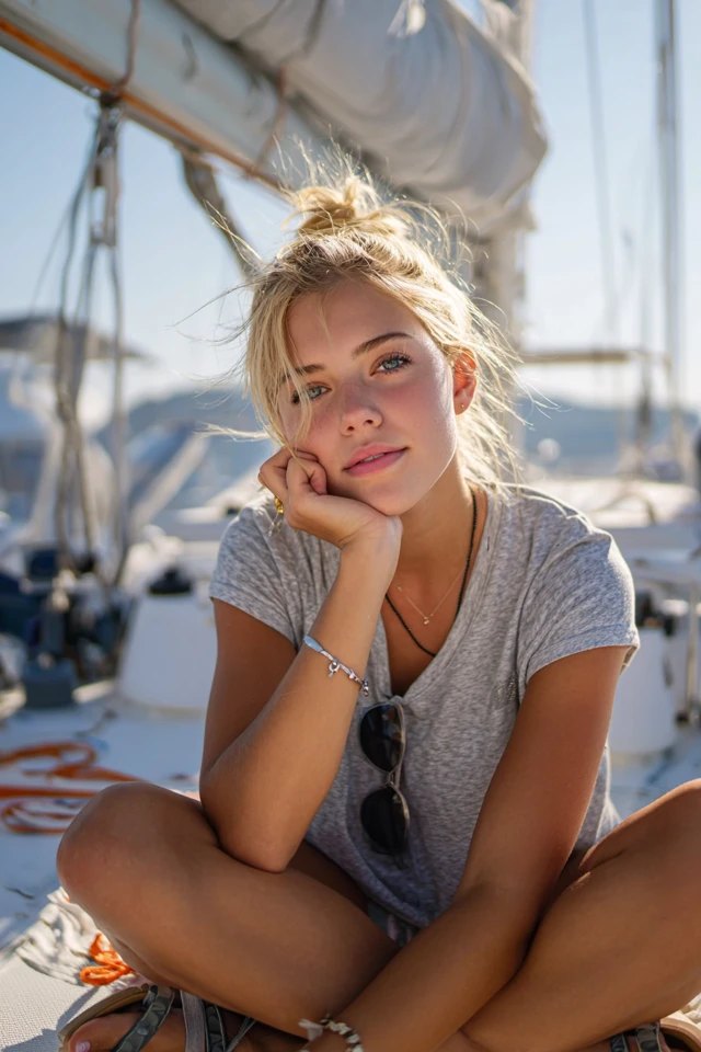 Blonde Girl Relaxing on a Sailboat in Santorini Greece