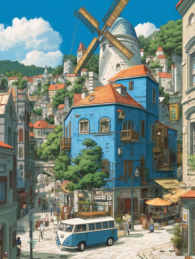 Medieval Town Illustration in Ghibli Style