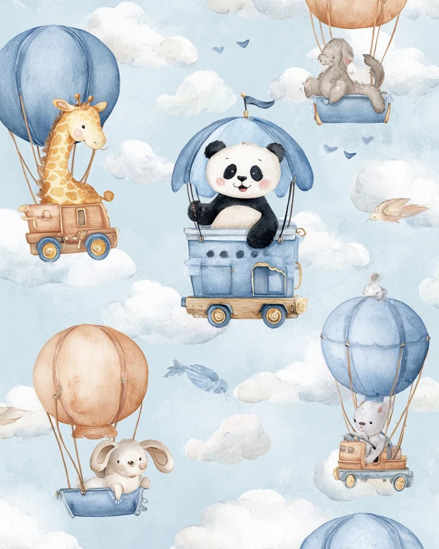 Cute Animal Hot Air Balloons Watercolor Wallpaper