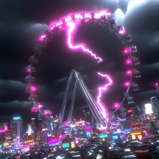 Futuristic Carnival with Ferris Wheel and Lightning