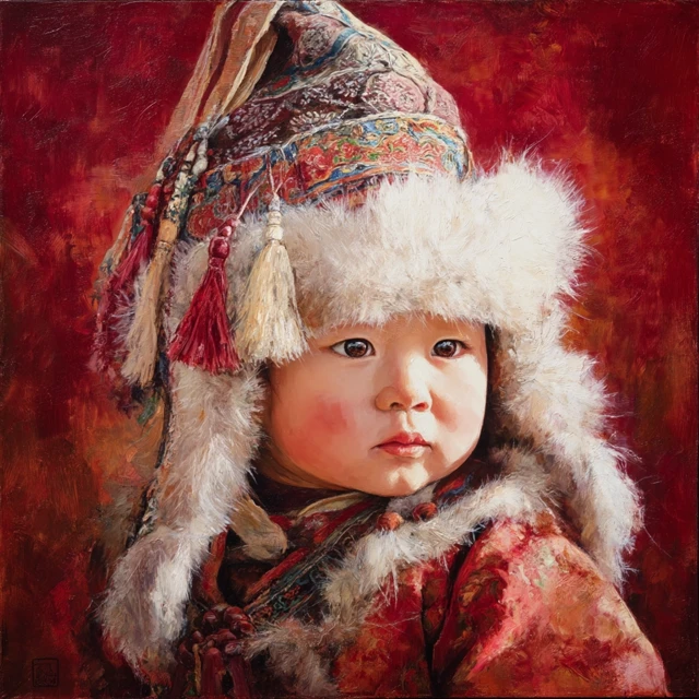 Mongolian Baby Portrait In Traditional Attire