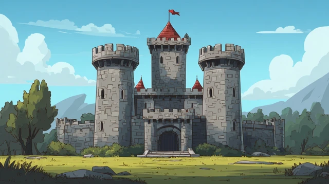Cartoon Medieval Castle Landscape Outdoors Front View