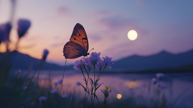 Butterfly on Flower Moon Cinematic Shot