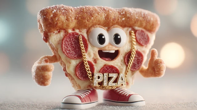 Cute Pizza Mascot 3D Render with Gold Chain