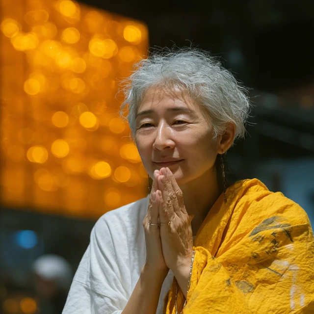 Smiling Korean Woman Wiping Tears at a Performance