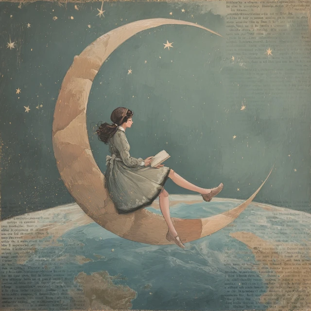 Girl on the Moon Whimsical Storybook Illustration