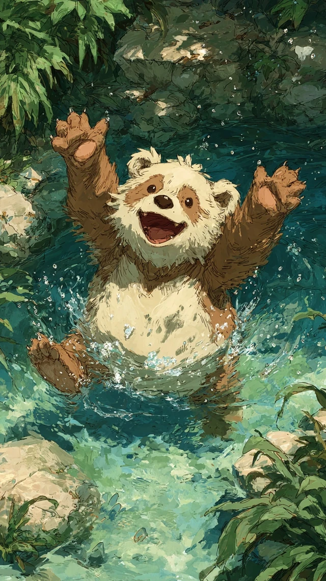 Joyful Bear Cub Splashing Watercolor Illustration