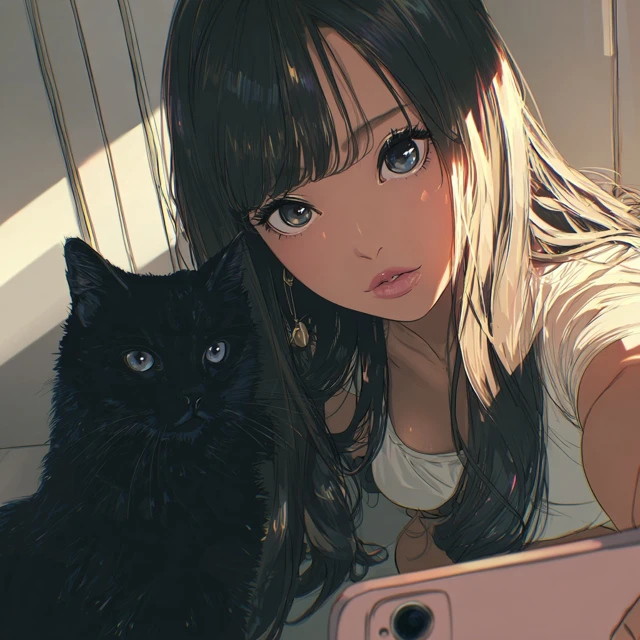 Anime Girl and Black Cat Selfie Illustration