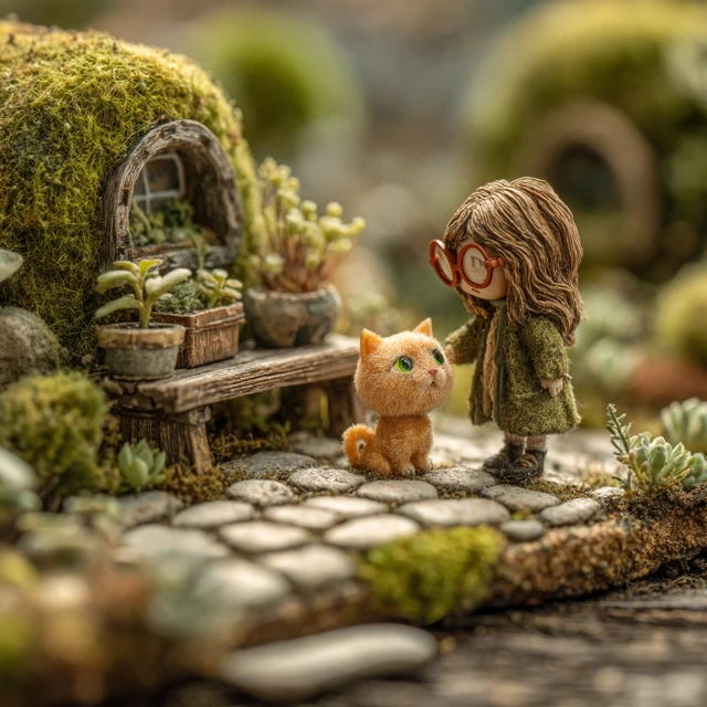 Miniature Diorama Girl and Cat in a Garden