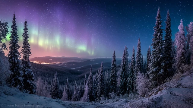 Northern Lights Over a Winter Forest in Norway