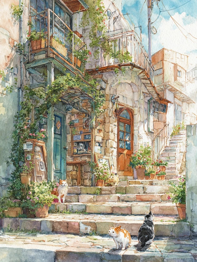 Watercolor Cats in Onomichi Town