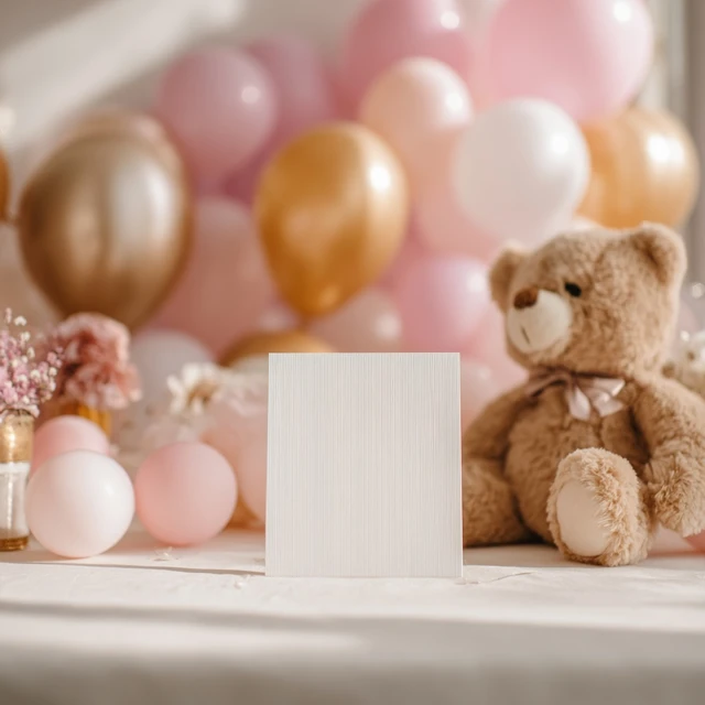 Blank Card Mockup with Balloons and Teddy Bear