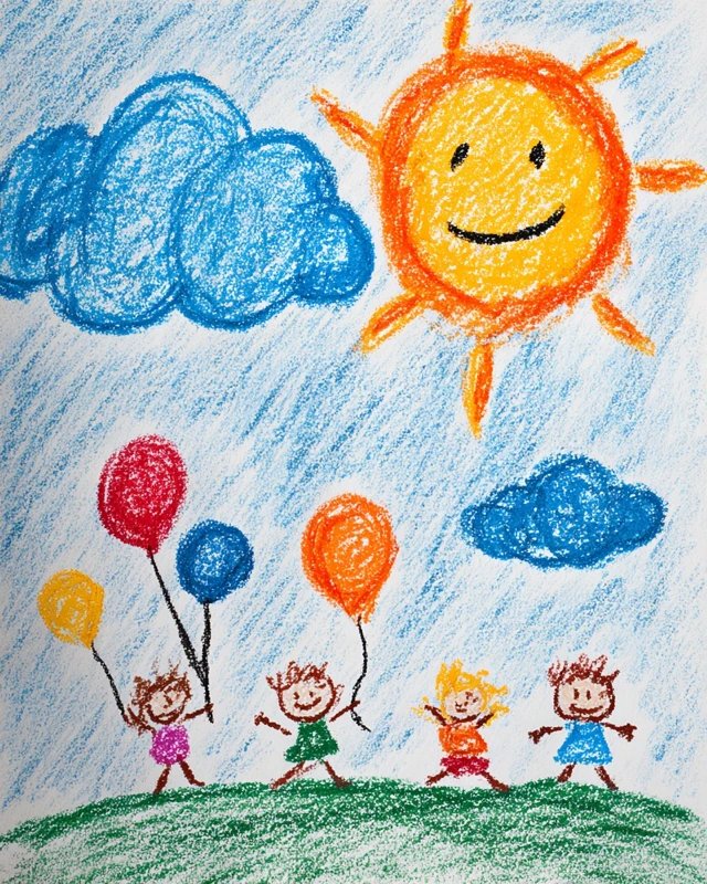 Childs Crayon Drawing Sunny Day Kids Balloons