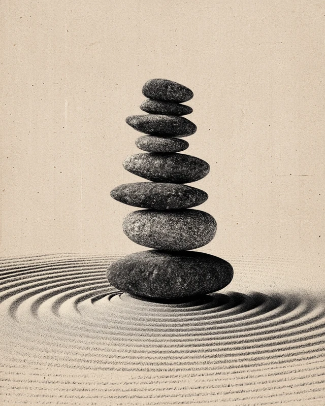Japandi Zen Art Balancing Stones on Sand