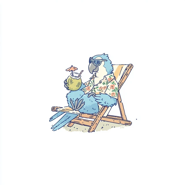 Cute Cartoon Parrot on Vacation Drinking Coconut Juice