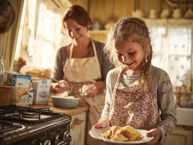 Family baking happy mother and daughter in the kitchen