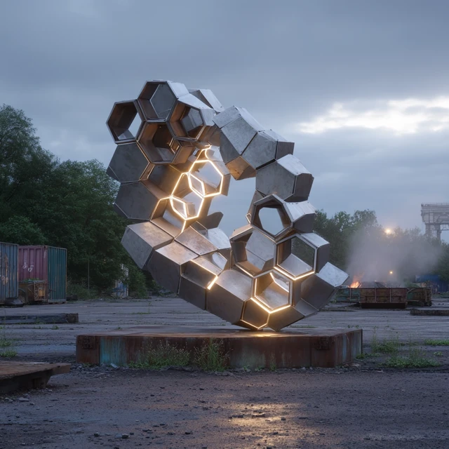 Abstract Stainless Steel Hive Sculpture with Lighting