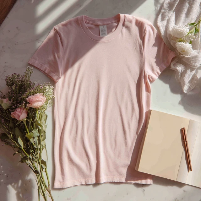 Pink T Shirt Mockup with Flowers Notebook and Pen