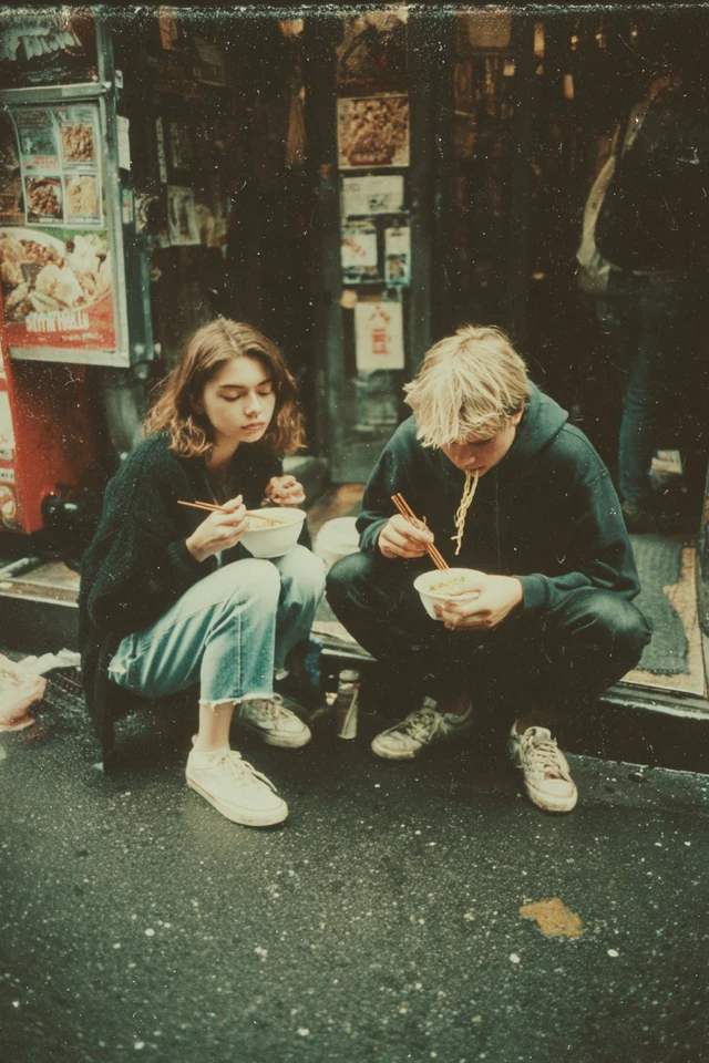 Couple Eating Ramen Street Scene Vintage Aesthetic