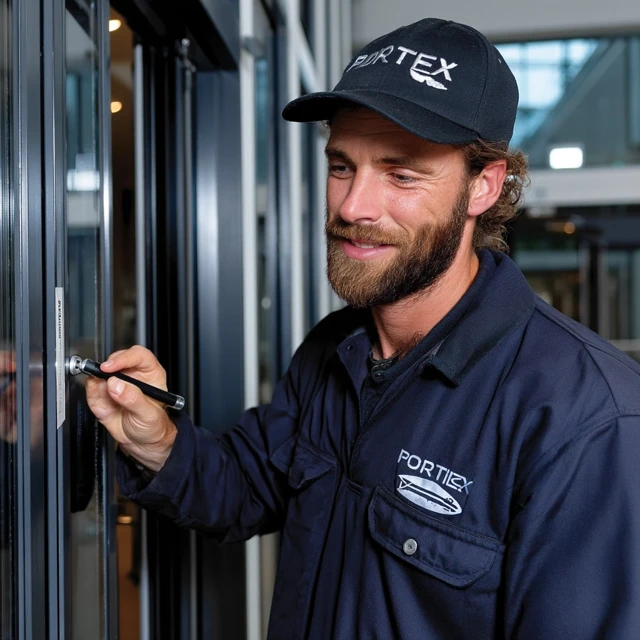 Man repairing automatic door at a shopping mall