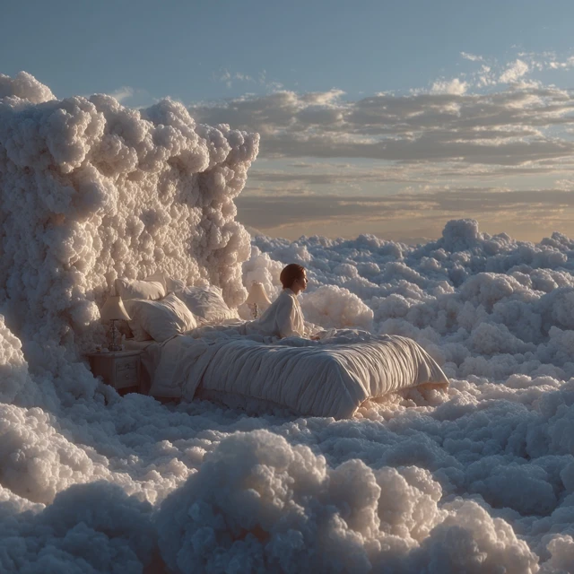 Women Dreaming Bed of Clouds Serene Illustration