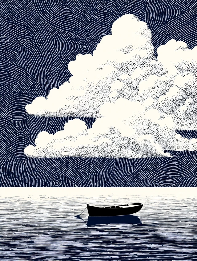 Sea Boat and Clouds Monochrome Art