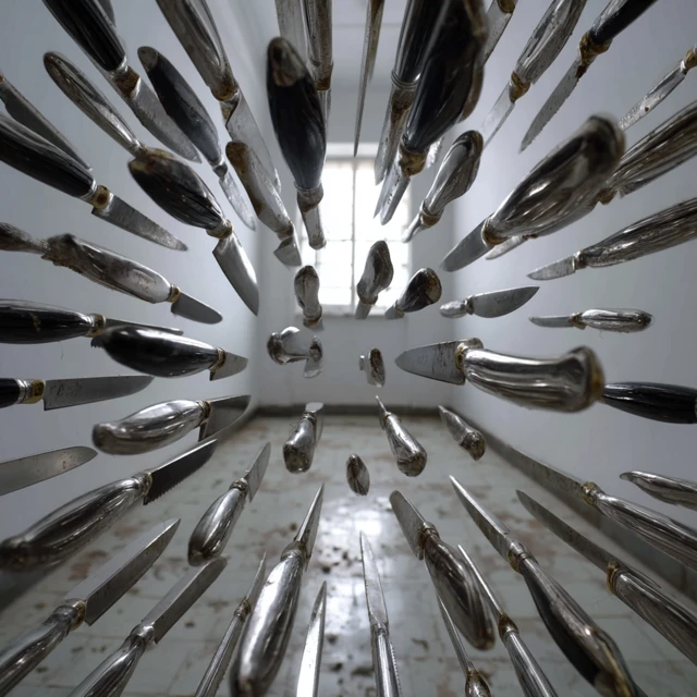 Kitchen Knives Scattered Low Angle View