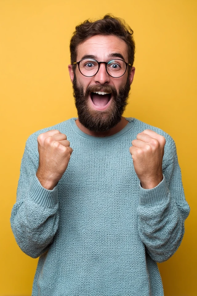 Excited Nerd with Glasses and Bright Background