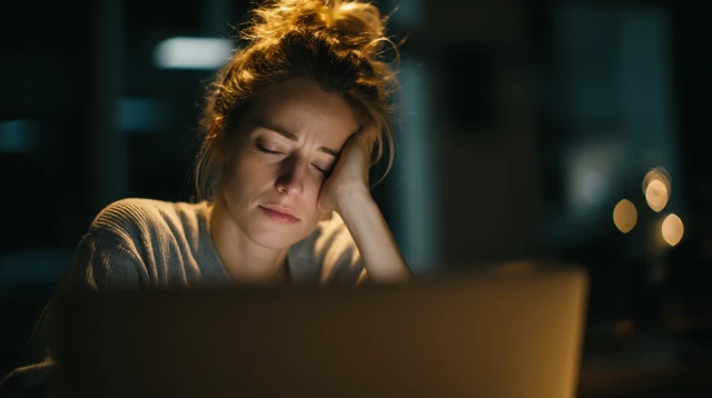 Exhausted Woman After Work Laptop Close Stock Photo