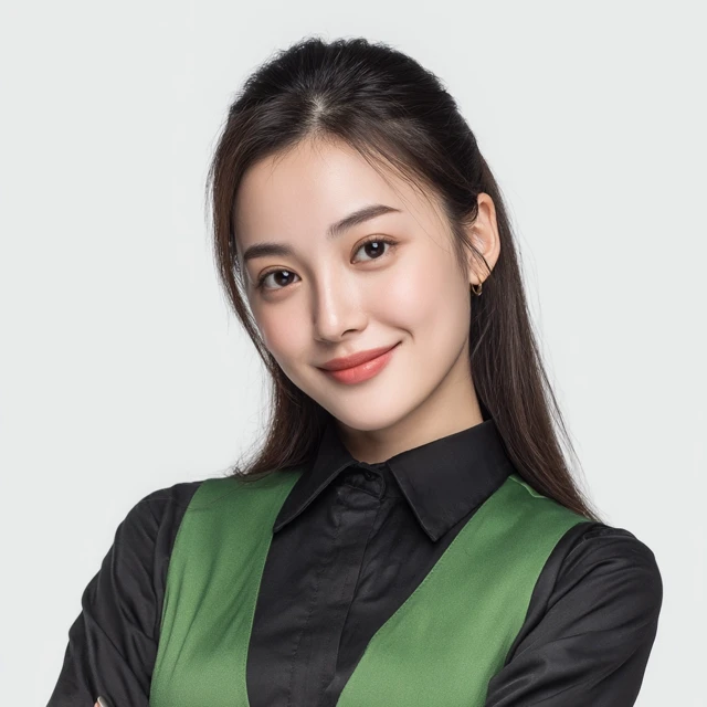Beautiful Chinese Woman Smiling in Green Business Vest