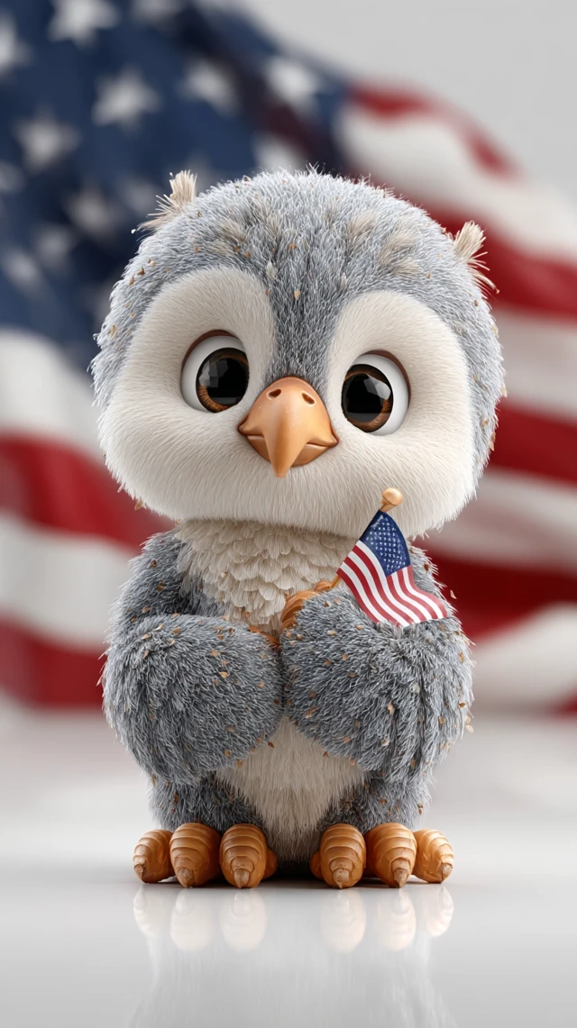 Cute Bald Eagle with American Flag 3D Illustration