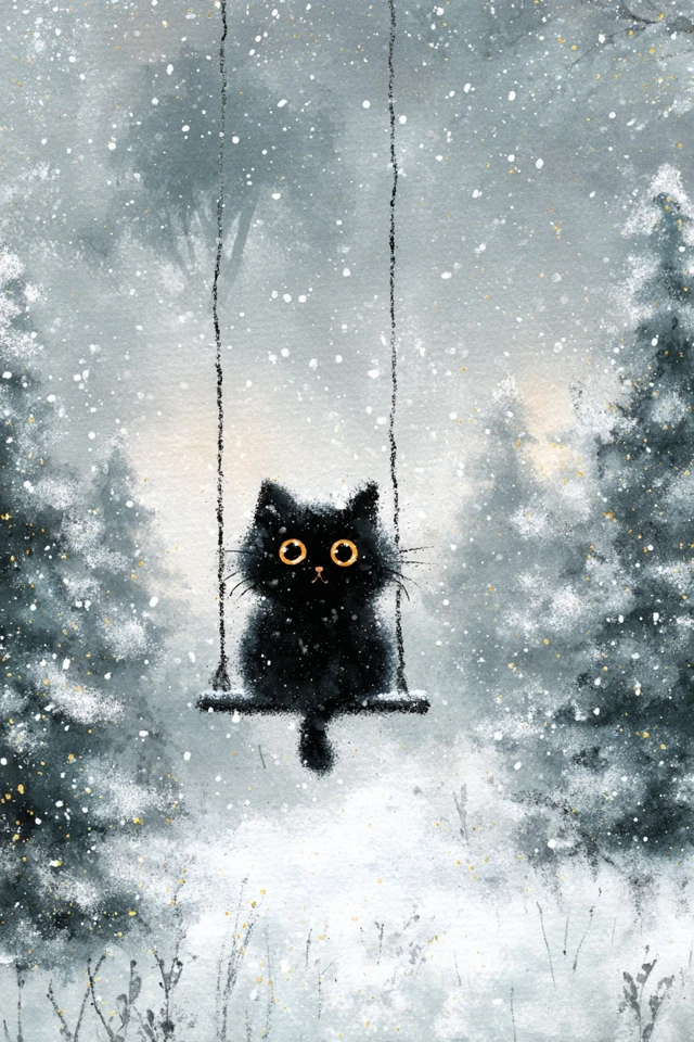 Cute Black Cat on Swing in Winter Wonderland