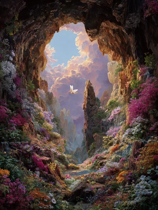 Dreamy Karst Cave Fairy Wings and Colorful Flowers