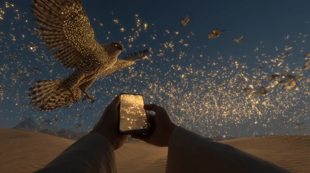 Golden Falcon in Desert Night 3D Rendering