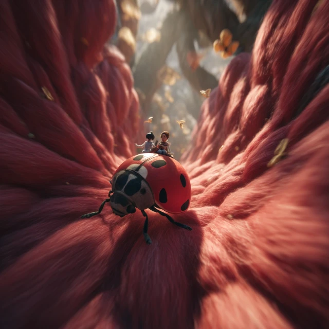 Ladybug Flight Through Oversized Flower Forest