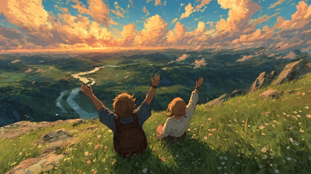 Joyful Moment Overlooking Rolling Hills Sunset