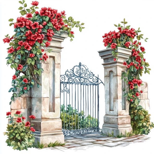 Watercolor Garden Gate with Red Flowers