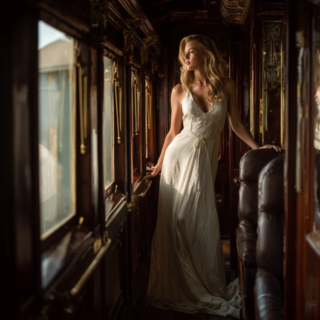 Woman in Elegant Train Car Travel Photography