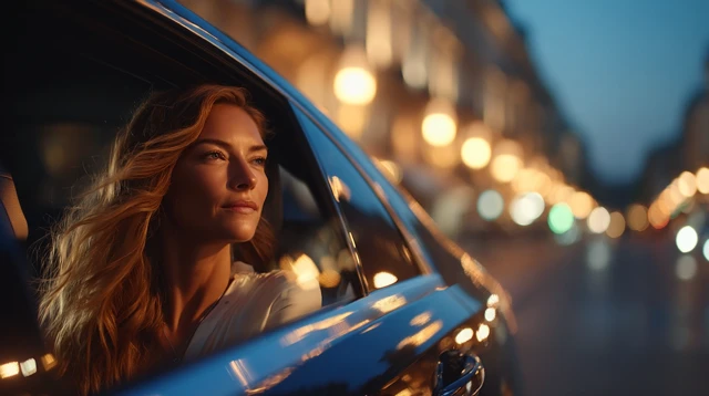 Luxury Car at Night Woman in City Cinematic View