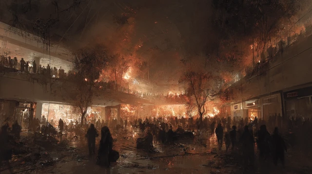 Apocalyptic Stripmall Looters and Fire Daytime Scene