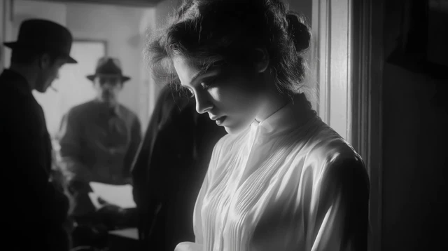Woman Signs Statement Dramatic Noir Scene